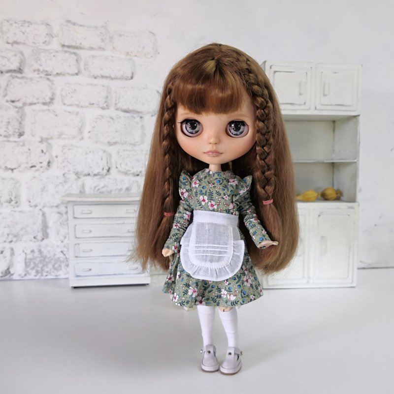 Rustic dress for Blythe doll. Green floral doll dress. Outfit Blythe doll - 公仔/玩偶 - 棉．麻 