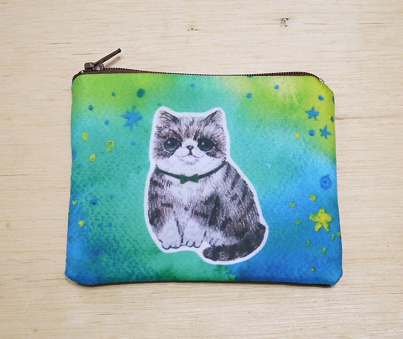 {Customizable handwritten name} Hand-painted rendering watercolor style pattern cat tabby cat key case coin purse card case - กระเป๋าใส่เหรียญ - วัสดุอื่นๆ หลากหลายสี