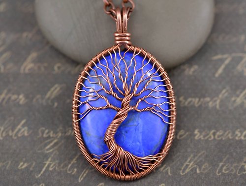 CopperWoodStore Lapis Howlite Tree of Life necklace pendant Handmade copper wire wrapped jewelry