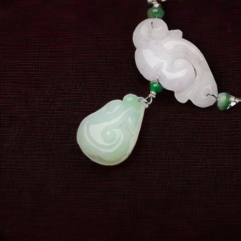 冰飄綠翡翠如意925純銀項鍊 | 天然緬甸玉翡翠A貨 | 送禮 - 吊飾/掛飾 - 玉石 綠色