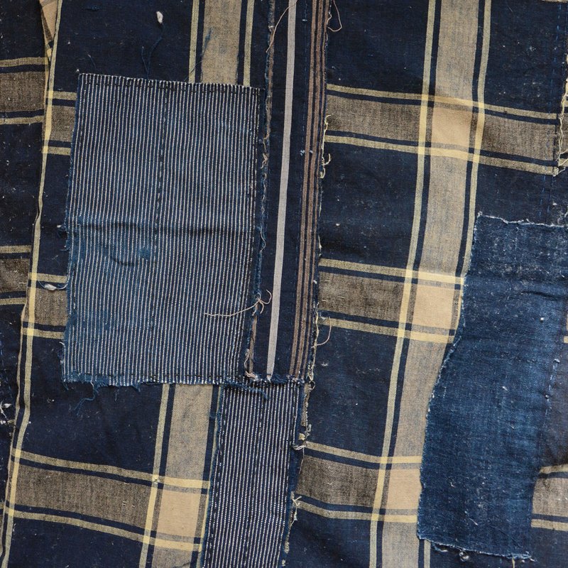 japanese fabric boro vintage indigo cotton checkered pattern futon textile - Knitting, Embroidery, Felted Wool & Sewing - Cotton & Hemp Blue