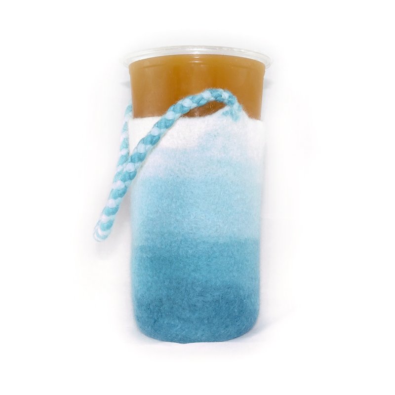 Handmade wool felt wet felt gradient weaving green cup / beverage bag (landscape) - ถุงใส่กระติกนำ้ - ขนแกะ สีน้ำเงิน