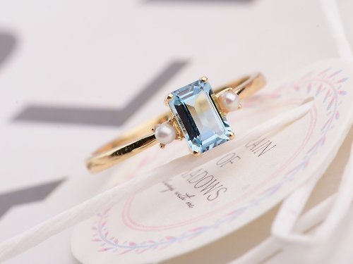 Mika 18K玫瑰金海藍寶 珍珠戒指