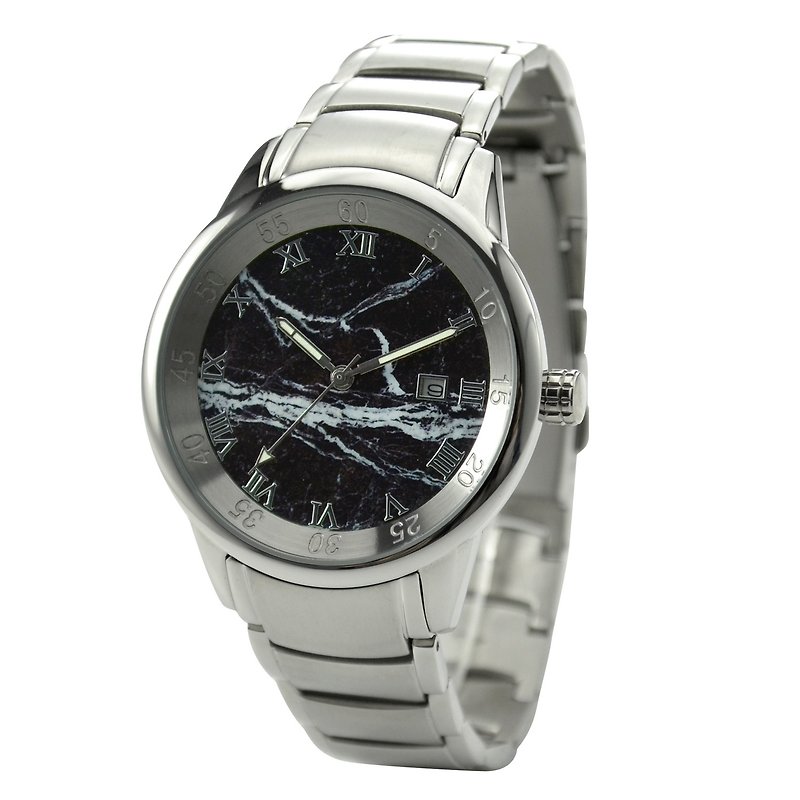 大理石紋手錶 黑殼黑面 配鋼帶 - 全球免運 - 男錶/中性錶 - 不鏽鋼 灰色