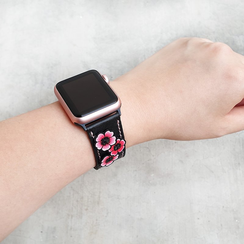 Apple Flower Band皮革手錶錶帶 - 錶帶 - 真皮 黑色