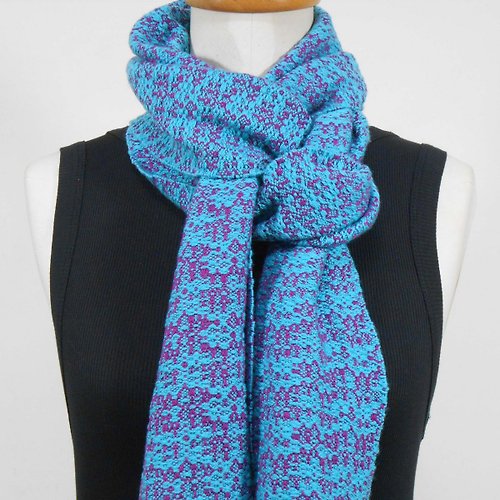 慢手做 梭織 手工圍巾-100%美麗諾羊毛圍巾05紫紅x水藍