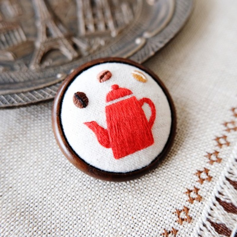 cafe brooch, small coffee pot, red - Brooches - Thread Red