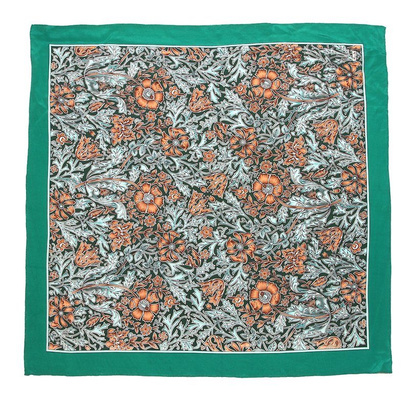 [Eggs] vintage green plants dried bouquet printing vintage scarf - Scarves - Silk Green