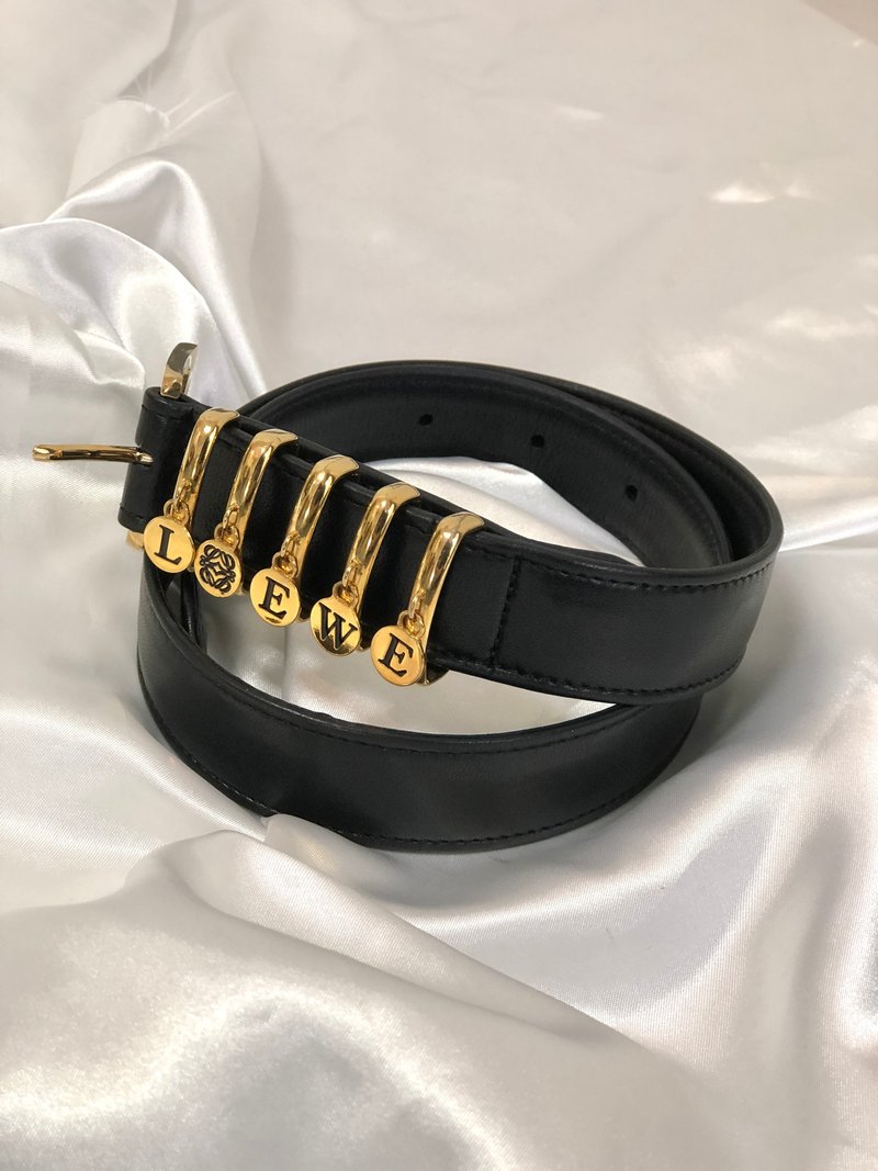 [Japan direct delivery name plate used package] LOEWE Loewe initial leather belt black × gold vintage tebe6k - เข็มขัด - หนังแท้ สีดำ