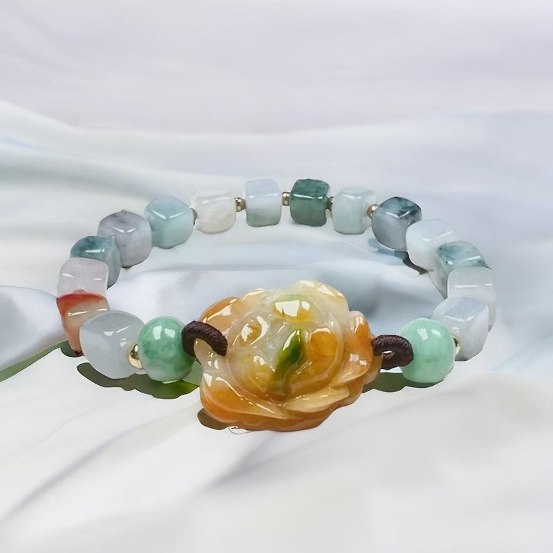 Three-color Jade Lotus Design Bracelet | Natural Burmese Jade Jade Grade A | - Bracelets - Jade Multicolor