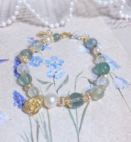 Ariel crystal艾莉兒手作*//飾品吊飾/水晶飾品/永生花 玫瑰//螢石/天然珍珠/綠草莓/葡萄石/鋰輝石/月光石/14K保色手鍊