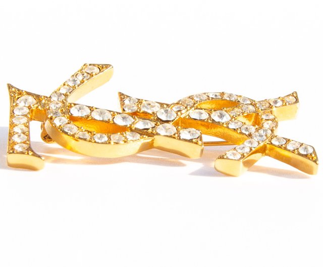 【美品】YSL ゴールド カラーストーン ヴィンテージ ブローチ 80's 80s Yves Saint Laurent Vintage gold tone rhinestone logo