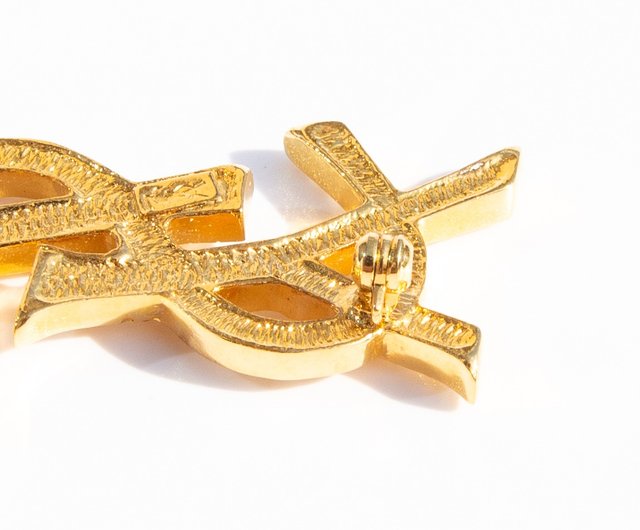 【美品】YSL ゴールド カラーストーン ヴィンテージ ブローチ 80's 80s Yves Saint Laurent Vintage gold tone rhinestone logo