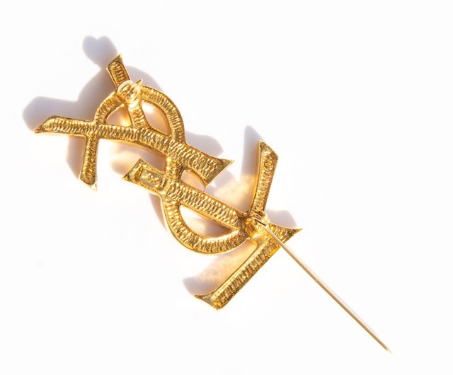 【美品】YSL ゴールド カラーストーン ヴィンテージ ブローチ 80's 80s Yves Saint Laurent Vintage gold tone rhinestone logo