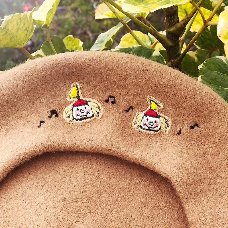 Koko Loves Dessert // I sell you youth - Embroidery twins Beret - Hats & Caps - Wool Khaki