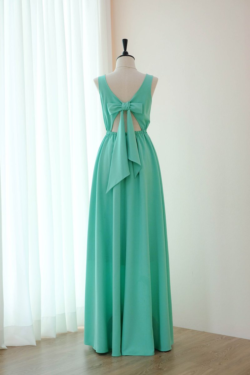 Mint Green Dress Green Bridesmaid Long Dress Bow back Prom Party Dress - ชุดราตรี - เส้นใยสังเคราะห์ สีเขียว