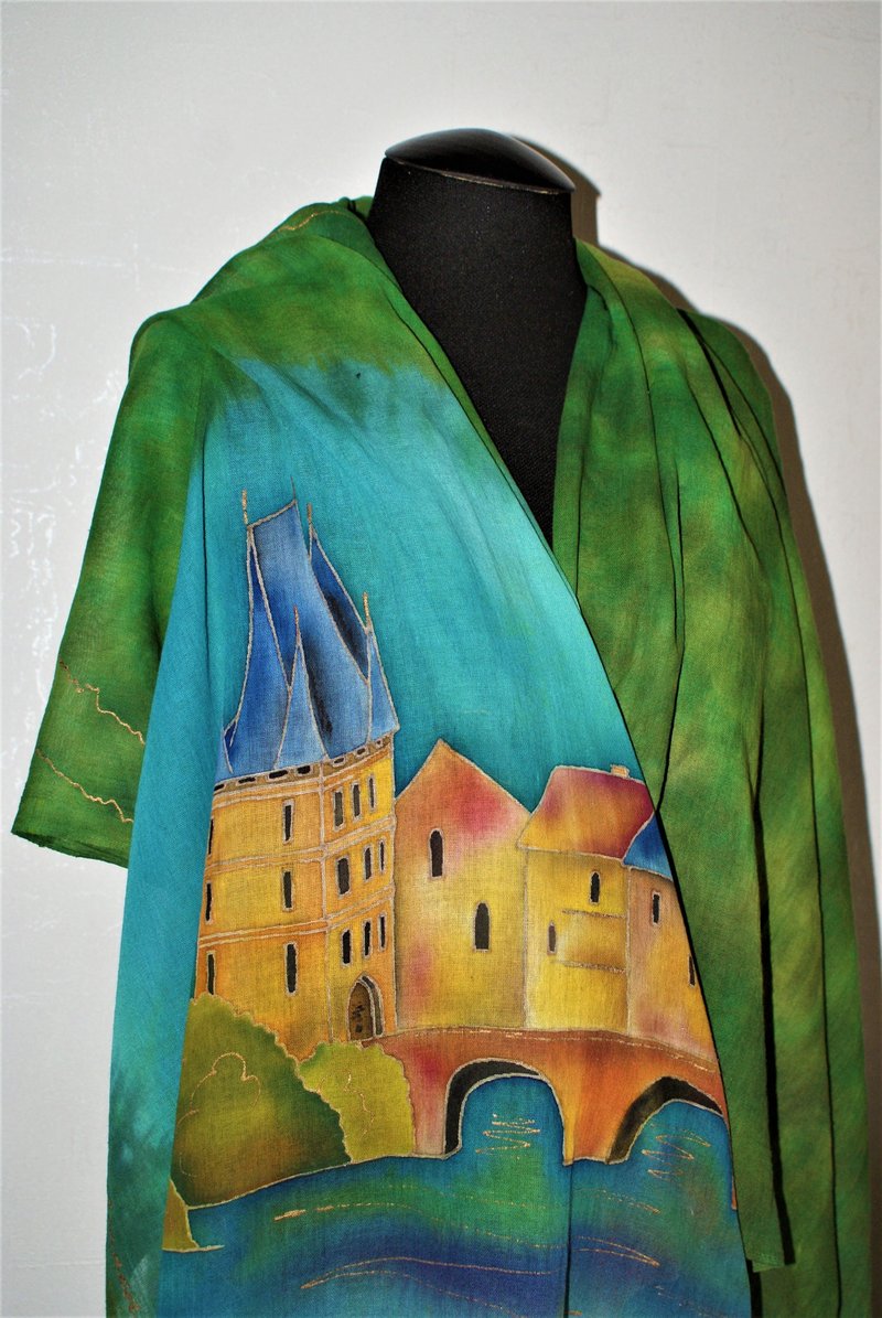 Green hand painted scarf with Prague Cotton scarf batik Large cotton scarf shawl - ผ้าพันคอ - ผ้าฝ้าย/ผ้าลินิน หลากหลายสี