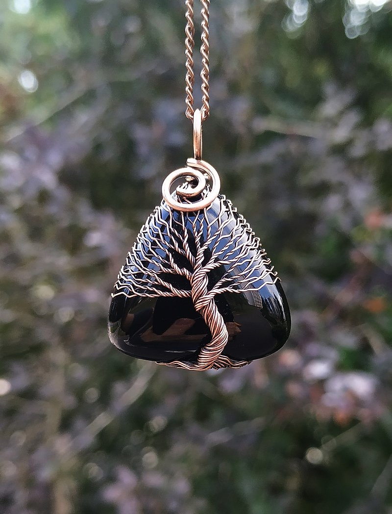 Black Agate Wire Wrapped Tree Of Life Good Fortune Pendant, Men Lucky Necklace - สร้อยคอ - โลหะ สีดำ