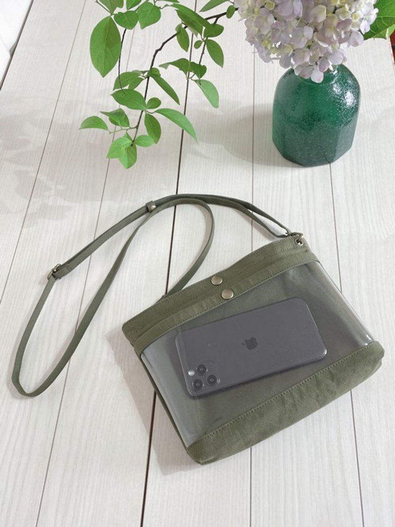 棉．麻 側背包/斜背包 - Kurashiki Canvas Clear Pocket Shoulder Bag Sacoche Pochette Smartphone Pochette PVC Khaki