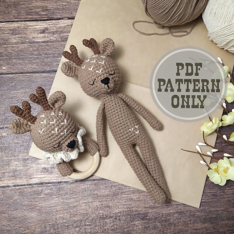 2 in 1 Baby rattle crochet teether & Deer Amigurumi PATTERN crochet animals - Knitting, Embroidery, Felted Wool & Sewing - Other Materials White