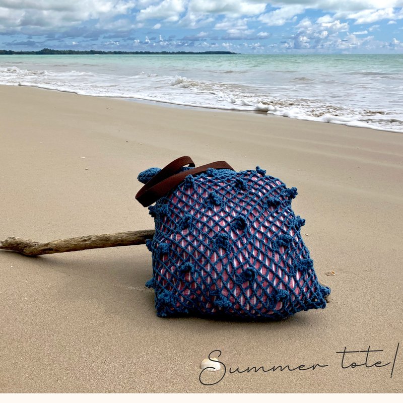 Summer tote minimal style hand Crochet, Unique handmade tote.handmade gift - 手提包/手提袋 - 棉．麻 藍色