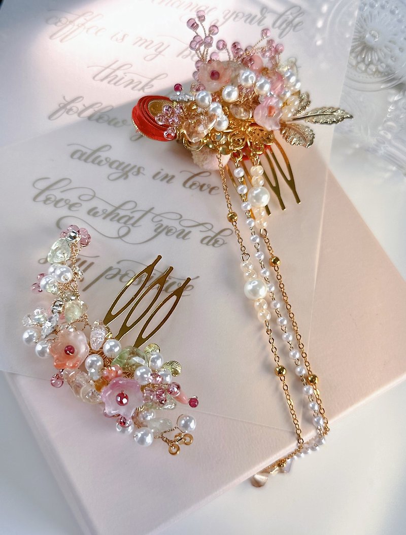 Chinese Traditional Wedding Bridal Comb Tea Ceremony Hair Accessories - Hair Accessories - Semi-Precious Stones Pink