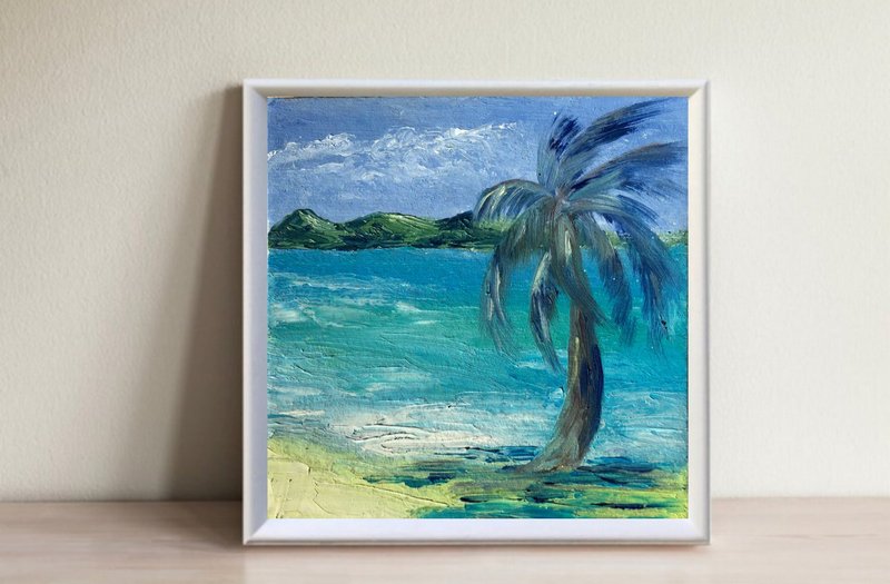 Original oil painting marine scenery beach palm wall art hand painted 6 x 6 inch - 壁貼/牆壁裝飾 - 其他材質 藍色