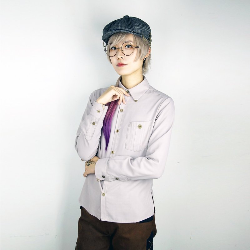 蒸汽朋克 Steamland 淺灰色 男女中性 修身 直筒長袖 襯衫襯衣 - 女襯衫 - 聚酯纖維 灰色