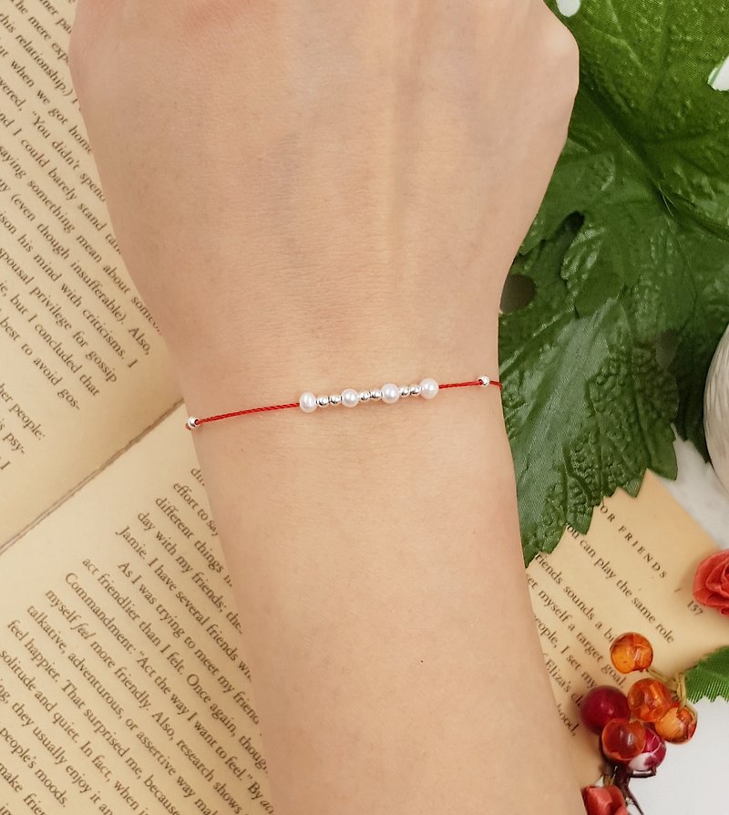 Happiness line sterling silver silver Silver pearl bracelet red line red string simple temperament marriage - Bracelets - Polyester Red