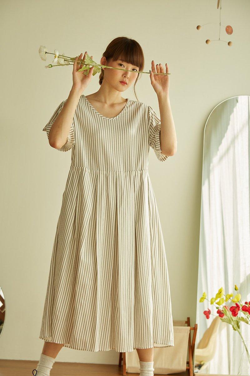 One Pieces Dresses Multi-Paneled Box-Pleated Dress - Stripe White And Gray Color - One Piece Dresses - Cotton & Hemp White