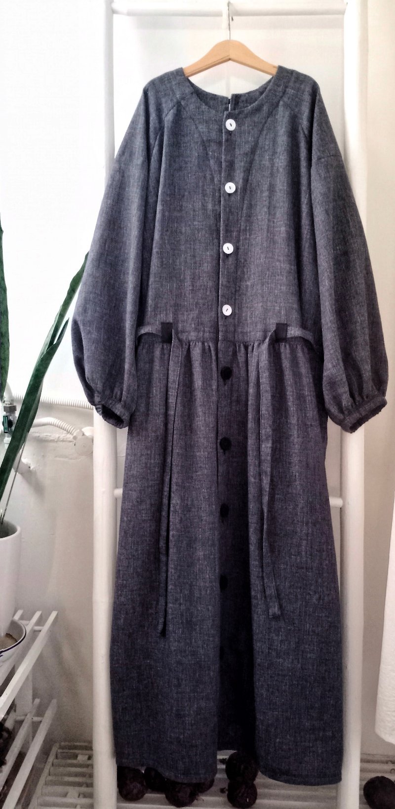 Round neck, dropped shoulders, wide sleeves, open gusset, low waist and strappy long dress--gray black Linen - One Piece Dresses - Cotton & Hemp 
