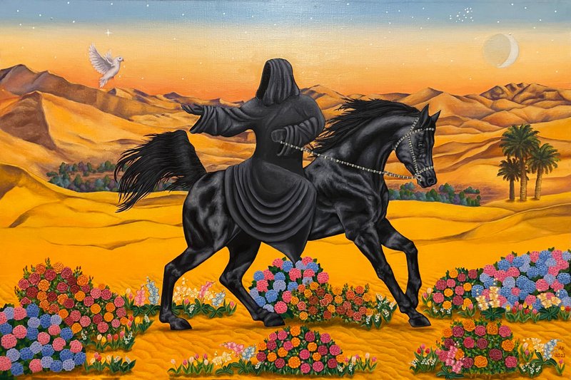 Cognition, original oil painting, oil on canvas, black horse, desert landscape - 壁貼/牆壁裝飾 - 其他材質 橘色