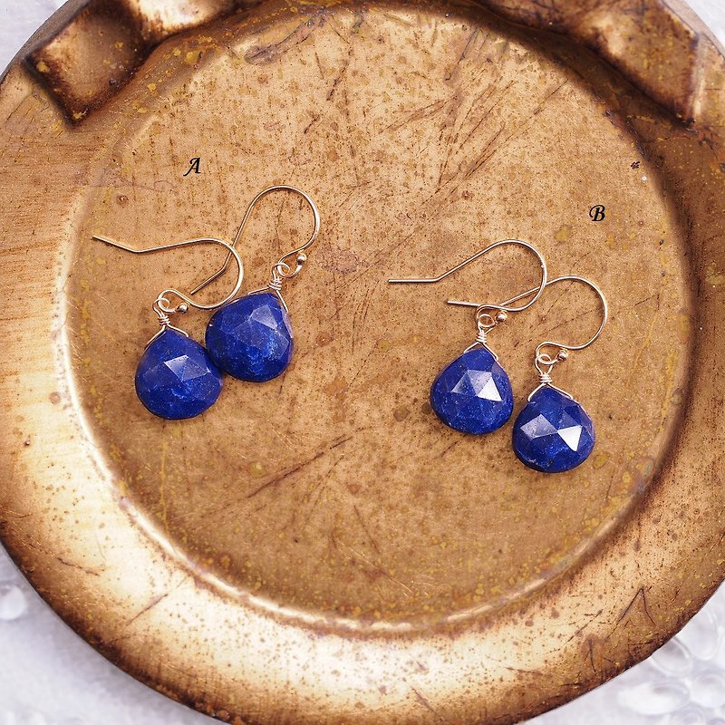 14KGF Natural Lapis Lapis Drop Faceted Gemstone Earrings Lapis Lazuli - ต่างหู - เครื่องเพชรพลอย สีน้ำเงิน