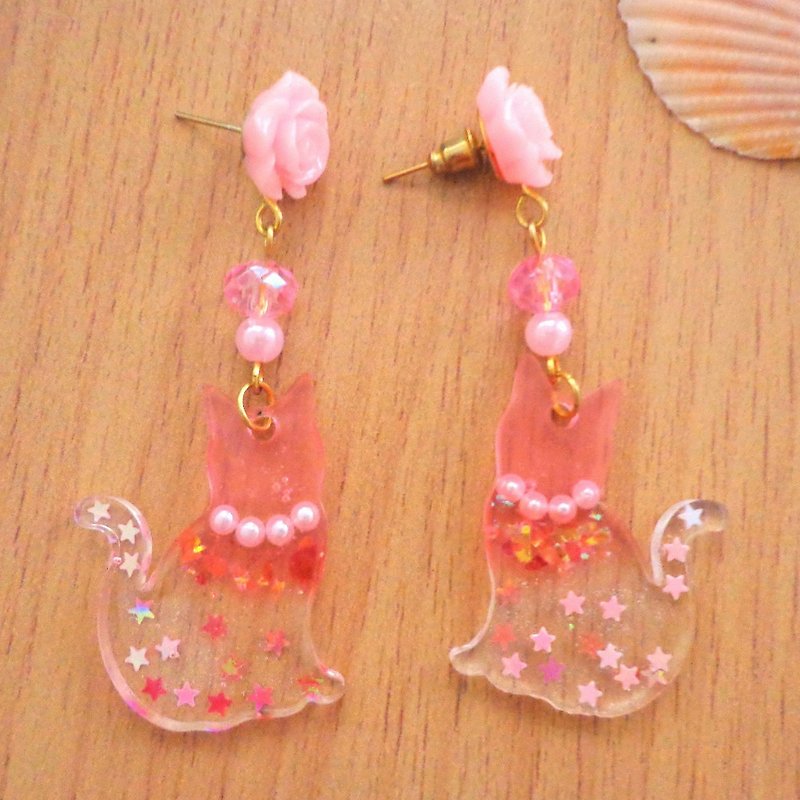 Beauty Pink Cat Earrings in Pierce and Clip-on Decor with Pink Star Glitter - 耳環/耳夾 - 樹脂 粉紅色