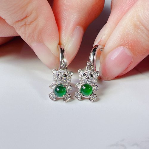 瓔珞珠寶盒 E.L.Jewelry Box 冰種翡翠老坑綠蛋面熊熊耳釘耳環 925純銀 | 天然A貨翡翠 |送禮