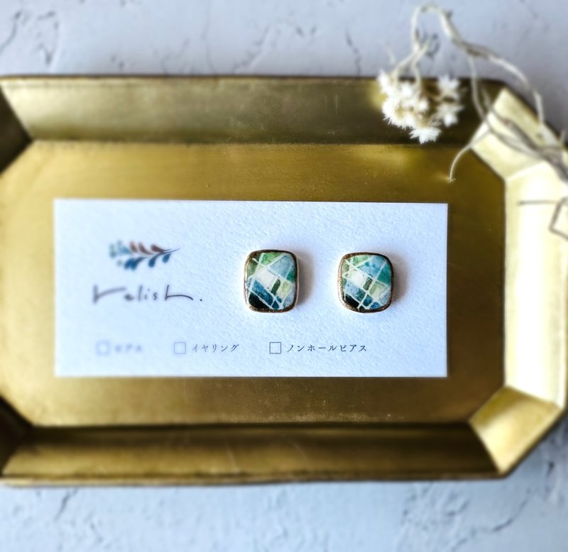 Fantastic ceramic gold lacquer Clip-On , square, green, blue, light blue, dark green, black, gold, one-of-a-kind - Earrings & Clip-ons - Pottery Green