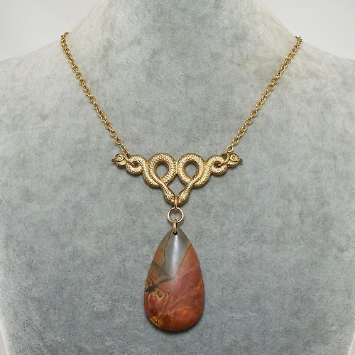 AGATIX Orange Red Picasso Jasper Gold Brass Snake Pendant Necklace Woman Jewelry Gift