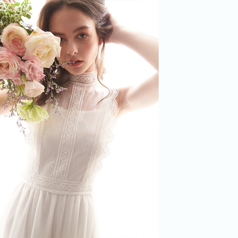 聚酯纖維 禮服/小禮服 白色 - (客製化)Lillian莉莉安 法式浪漫睫毛蕾絲長洋裝 禮服,輕婚紗