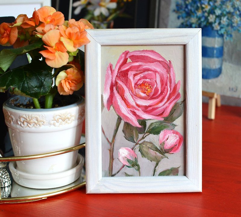 牡丹オリジナル油絵バラ絵画モダンアートピンクの花 15x10cm - イラスト/絵画/カリグラフィー - その他の素材 ピンク