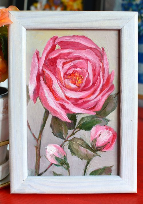 牡丹オリジナル油絵バラ絵画モダンアートピンクの花 15x10cm