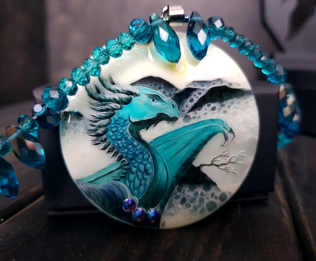 Dragon necklace. Miniature painting of dragon on mother of pearl