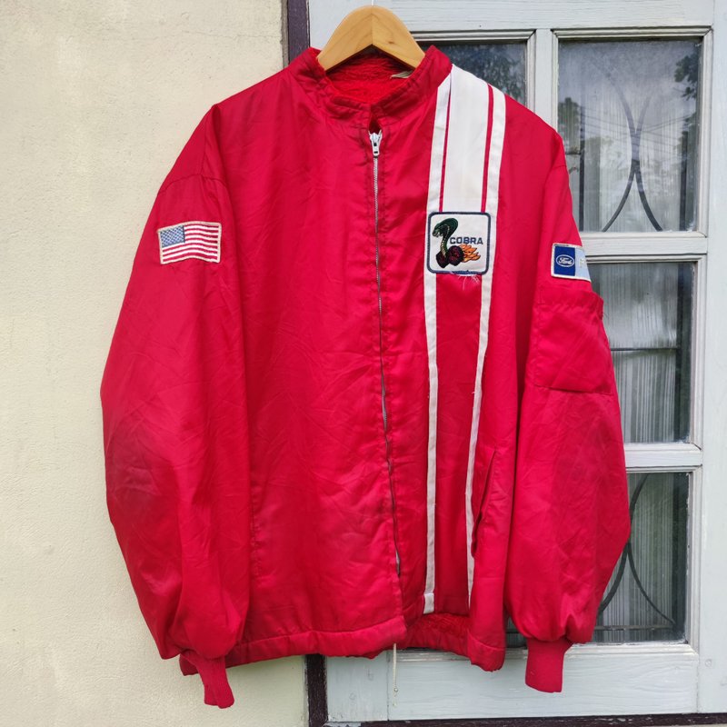 Vintage Ford Mustang Cobra Shelby Racing Fur Lined Red Jacket - Men's Coats & Jackets - Nylon Red