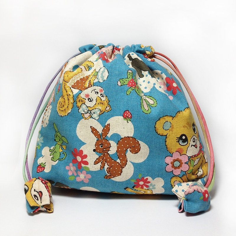 Japanese retro cartoon bear lattice bag pocket pocket - Toiletry Bags & Pouches - Cotton & Hemp Blue