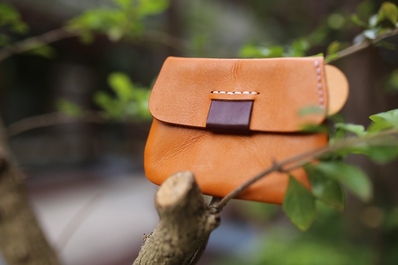 Cowhide | Contrasting color coin purse | Free engraving - Coin Purses - Genuine Leather Orange