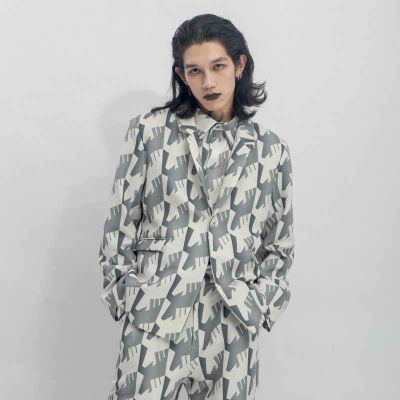 INF 烏鴉千鳥印花西裝外套 / 寂靜灰 - 男西裝外套 - 聚酯纖維 銀色