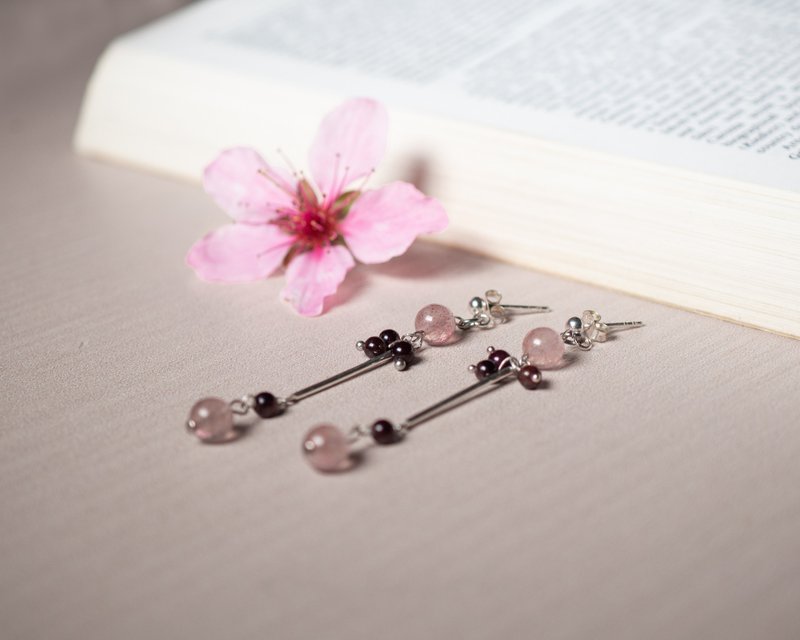 Strawberry Quartz Earrings, 925 Sterling Silver Gemini, Leo, Libra Gem Gift - 耳環/耳夾/耳骨夾 - 水晶 粉紅色