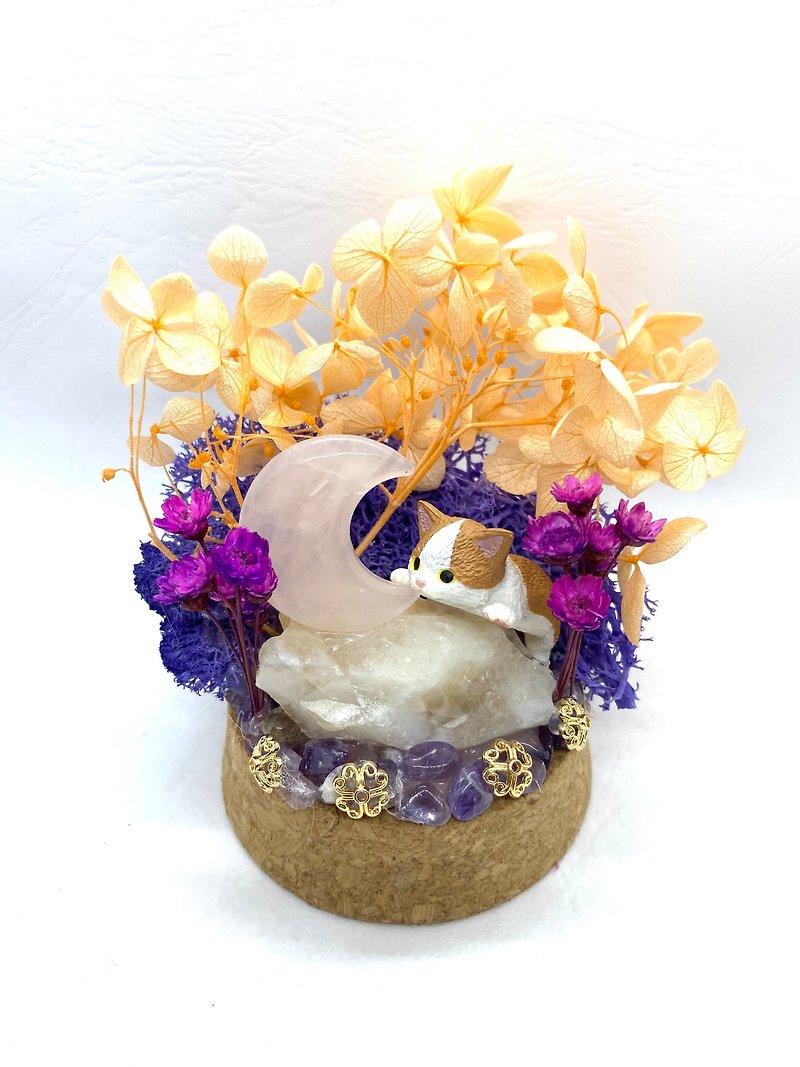 紫橘花園-貓咪與粉晶星星/黃水晶-手工玻璃罩公仔/水晶/乾燥花擺 - 擺飾/家飾品 - 水晶 