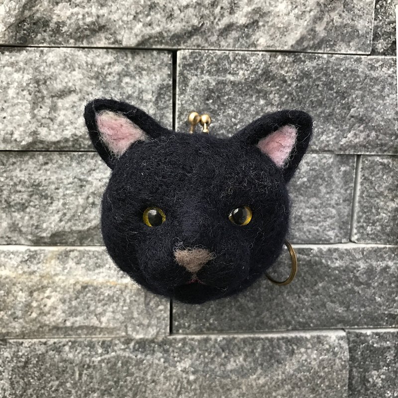 「黑貓」羊毛氈口金包 - 鑰匙圈/鎖匙扣 - 羊毛 黑色