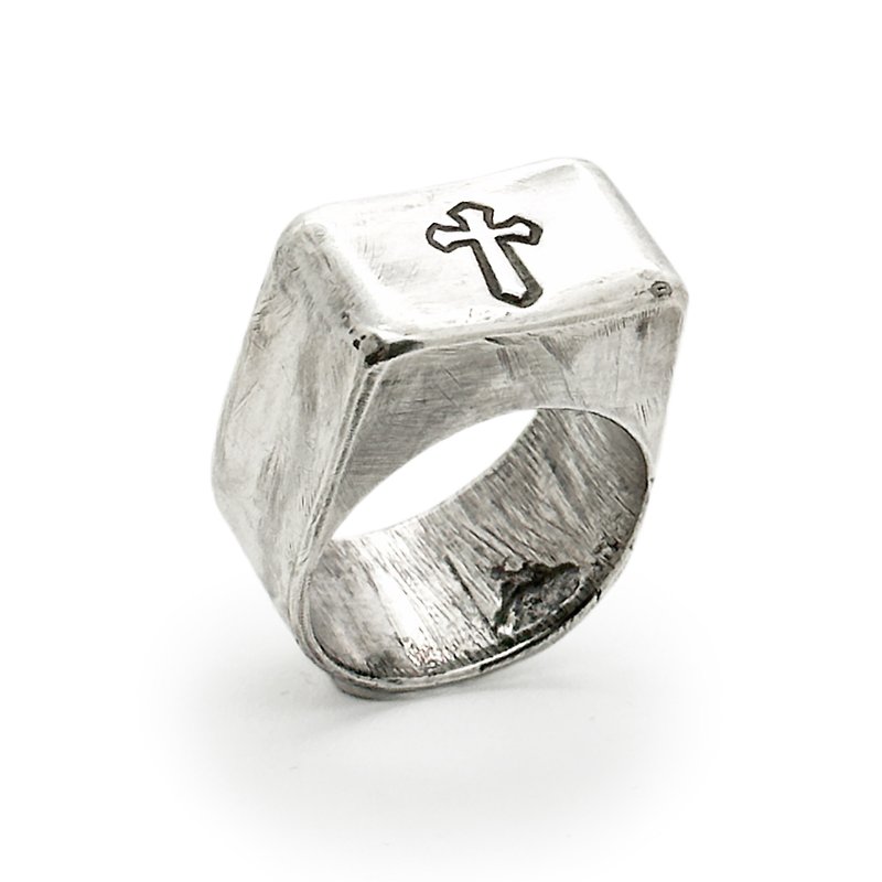 Handmade hollow formed signet ring - Cross - แหวนทั่วไป - เงินแท้ สีเทา