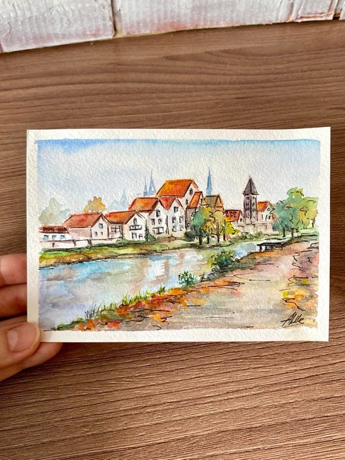 水彩画「川のある風景」  Hiro art 水彩画「川のある風景」 Hiro art